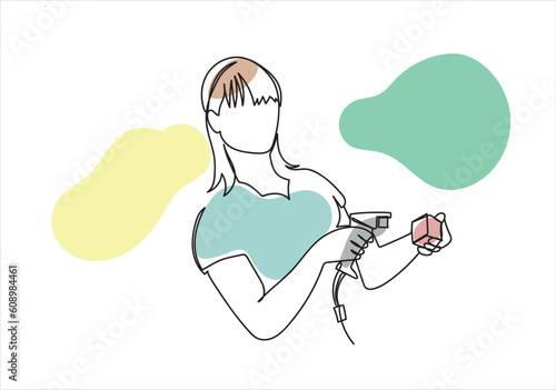 A woman cashier scanning grocery items at a supermarket shopping mall, continues line drawing vector illustration 