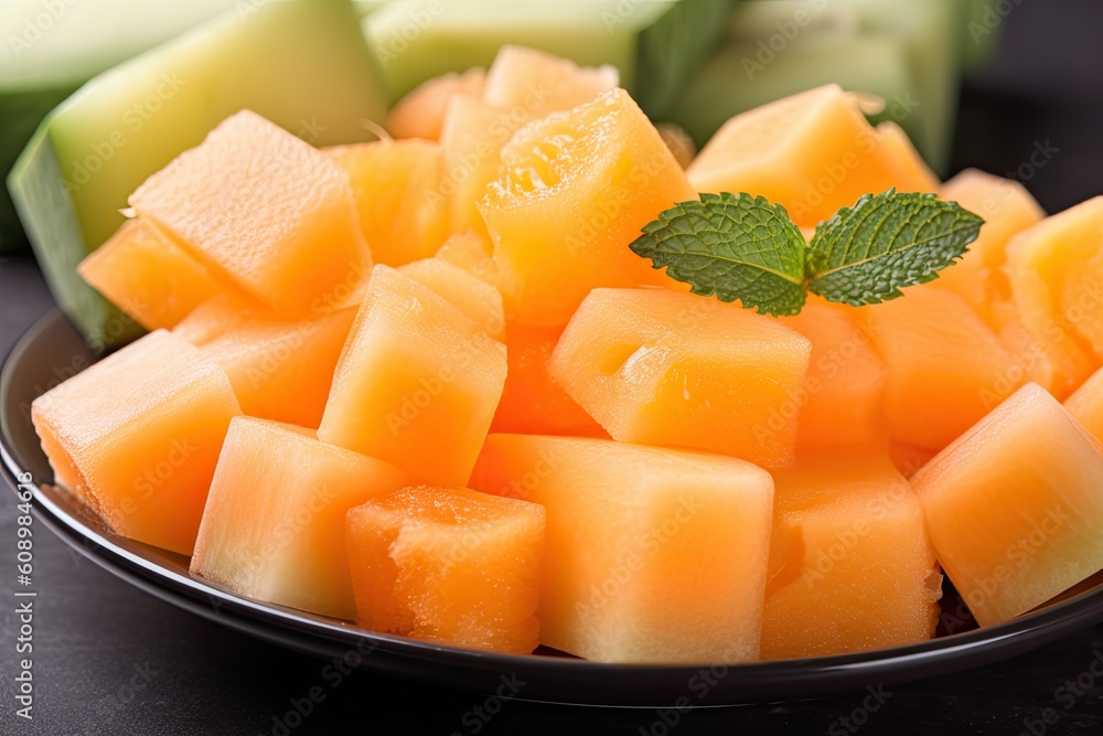 Close-up pieces of juicy melon with fresh mint leaf in black plate. Generative AI Close-up pieces of juicy melon with fresh mint leaf in black plate. Generative AI