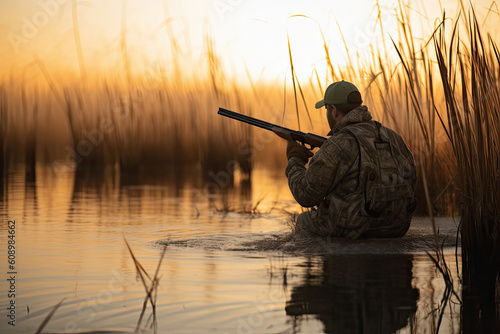 A male hunter with a gun in camouflage clothes hides in the reeds at sunset and waits for prey. Generative AI photo