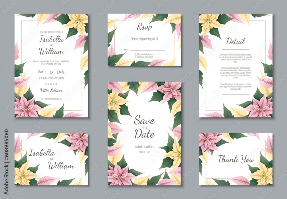 Set of wedding invitations with poinsettia flowers. Design greeting card and invitation of the wedding, birthday