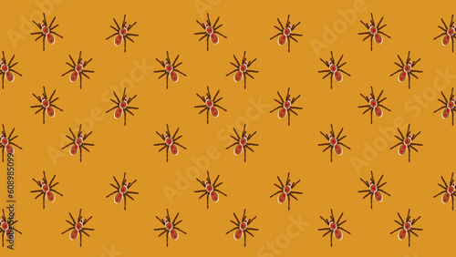 Seamless pattern of spiders on a yellow background. Vector illustration.