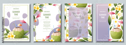 Set of flyer templates with beach coconut cocktail and frangipani flowers. Tropical vacation, summer vacation. Banner, poster with beach drinks a4 size