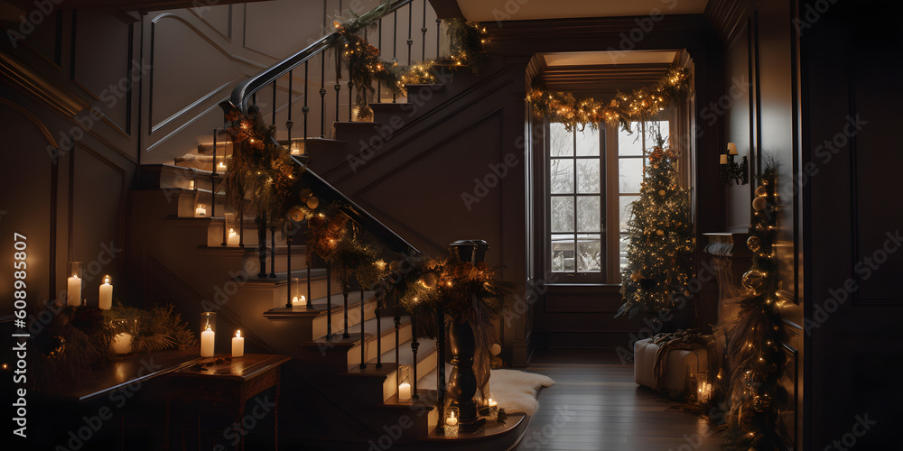 A beautifully decorated staircase with garland lights and three generative AI