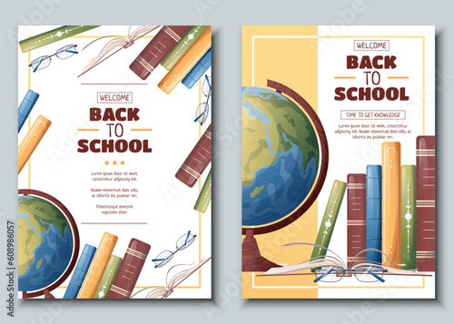 Set of flyer template with globe and books. School time, back to school, education. Flyer, poster, banner size a 4