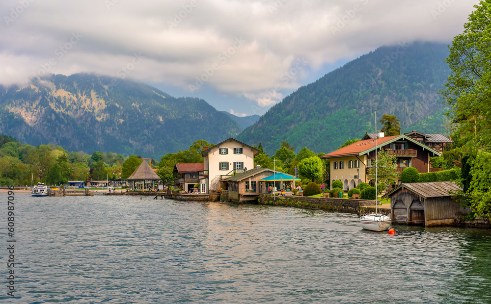 Lake Tegernsee in southern Germany, Bavaria. View of the buildings on the lake
