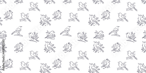 Seamless pattern with cute little birds doodle or line style on white background vector illustration