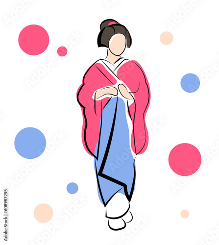 
Geisha in a kimono on a white background. Japanese culture. Vector image in doodle style.