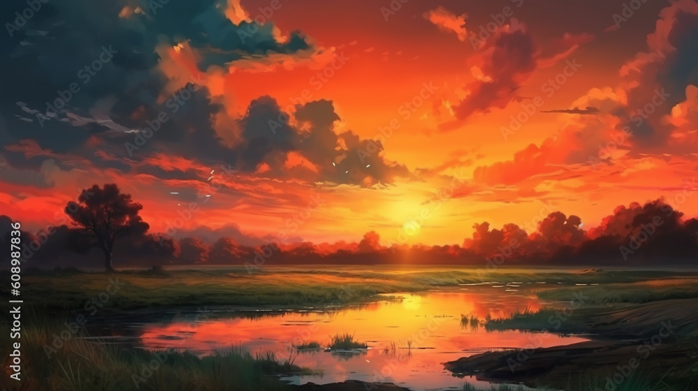 A painting of a sunset with the sun setting behind it.generative ai