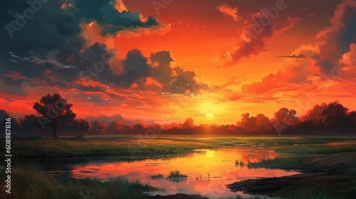 A painting of a sunset with the sun setting behind it.generative ai © S...