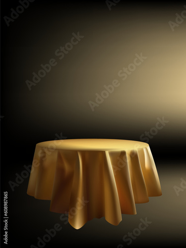 3D Round Table Covered Golden Fabric Tablecloth