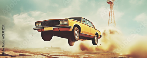 Seventies style car stunt or car jump. A normal sedan-type stock car, in mid air during a car jump with a dirt trail. Wide format. hand edited generative AI.
