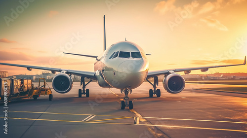 A plane on the runway at night.generative ai