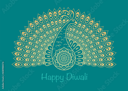 Happy Diwali Gold Peacock Vector Symbol Illustration  Isolated On A Green Background.