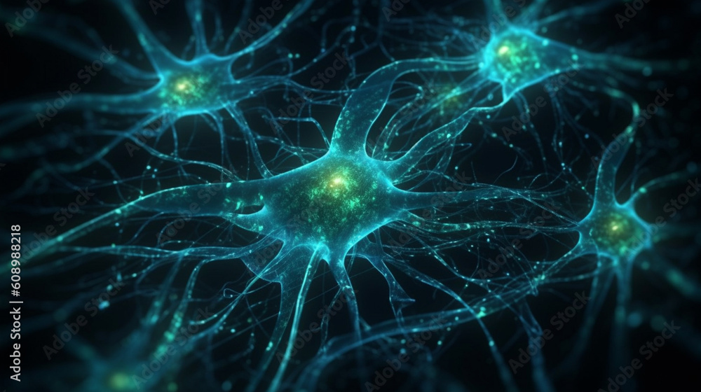 A close up of a brain with green lights and the words neuron on the left.generative ai