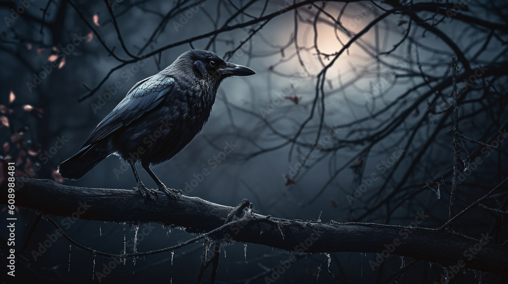 Fototapeta premium A crow sits on a branch in a forest with icicles hanging from the branches.generative ai
