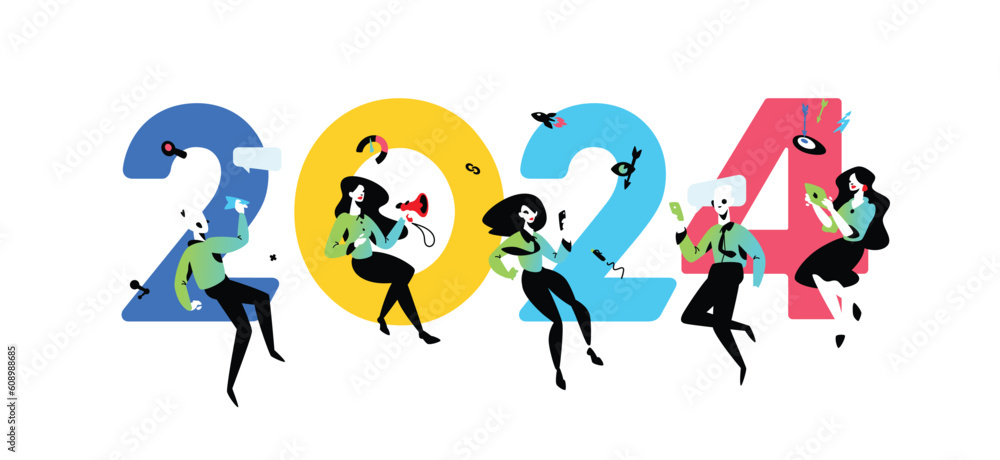 Illustration inscription 2024 New Year in the office. Vector illustration. Employees around the inscription. Image is isolated on white background. PR specialists celebrate. Banner of the New Year and