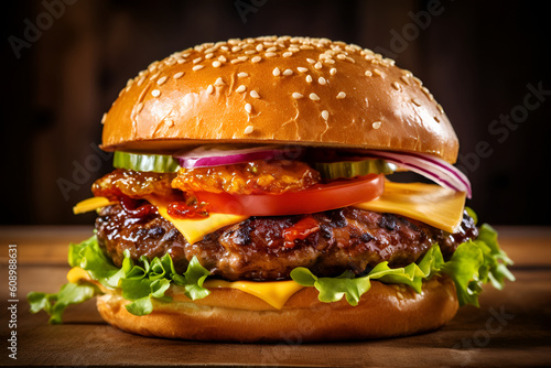juicy beef burger with cheese and salad. generated by ai.close-up. Generative AI