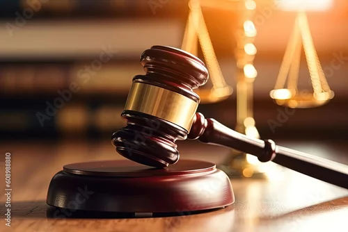 Fototapeta samoprzylepna Concept of law and authority featuring a courtroom gavel, symbolizing the judgment of criminal acts, legislative authority, and judicial rulings