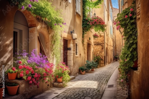 Beautiful old architecture with flowers, city street. Generative ai. © Iryna