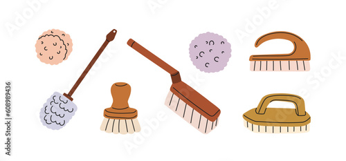 Brushes, sponges, housekeeping stuff, accessories for cleaning. Housework tools with bristle. Household supplies, items for cleanup, washing. Flat vector illustration isolated on white background