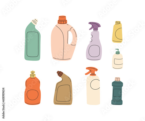 Chemical detergents in plastic bottles. Home cleaning products, household liquids for cleanup, washing, cleansing in different packages, packs. Flat vector illustration isolated on white background