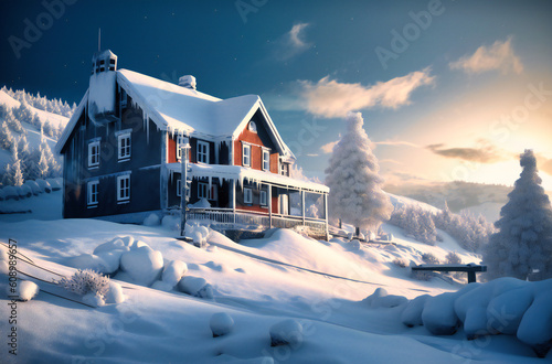 a white house on the snow covered mountainside