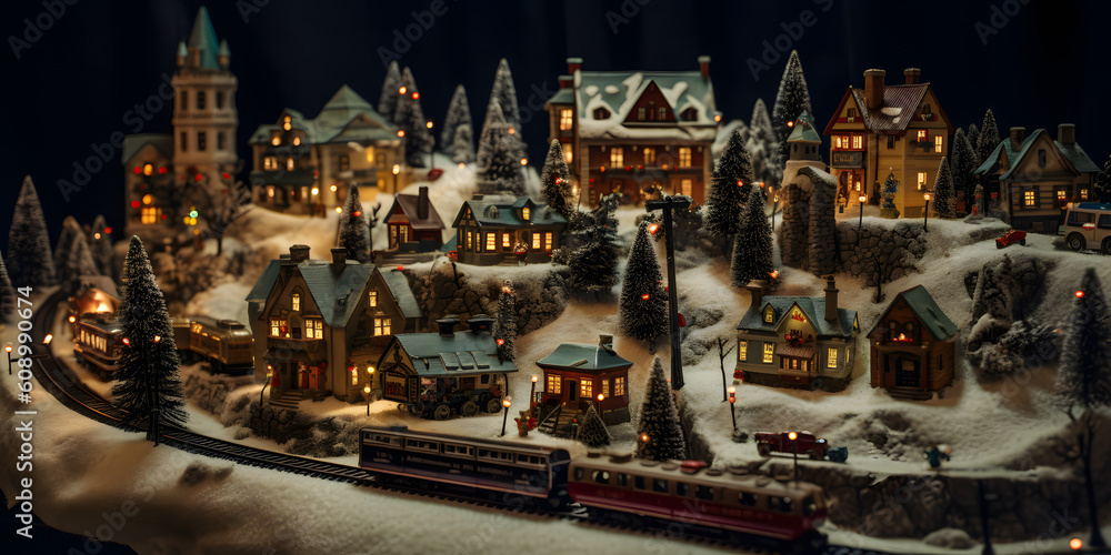A Christmas village display with miniature houses shops a two generative AI