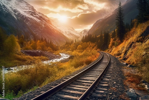 Scenic Railway Journey - Train Amid Autumn Foliage and Mountains - AI Generative