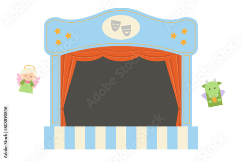 Children's puppet theater on a white background. Vector illustration of theatre stage with red curtains and dark background. Flat style
