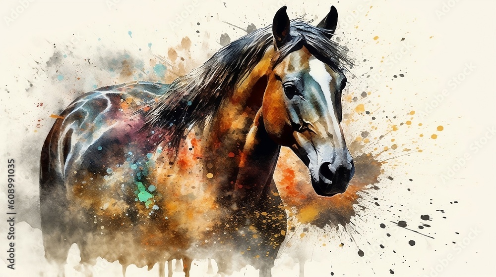 Watercolor drawing of horse. Generative AI	