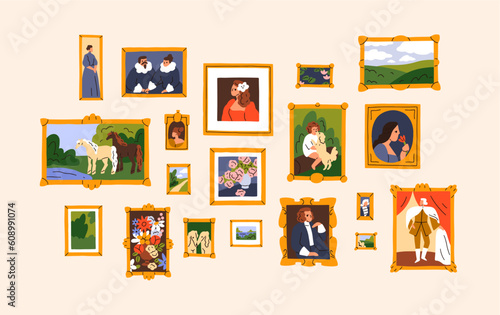 Framed pictures, family history, memories on wall. Multiple medieval paintings, historic portraits, landscapes in gallery exhibition. Old nostalgic memorable moments. Flat vector illustration