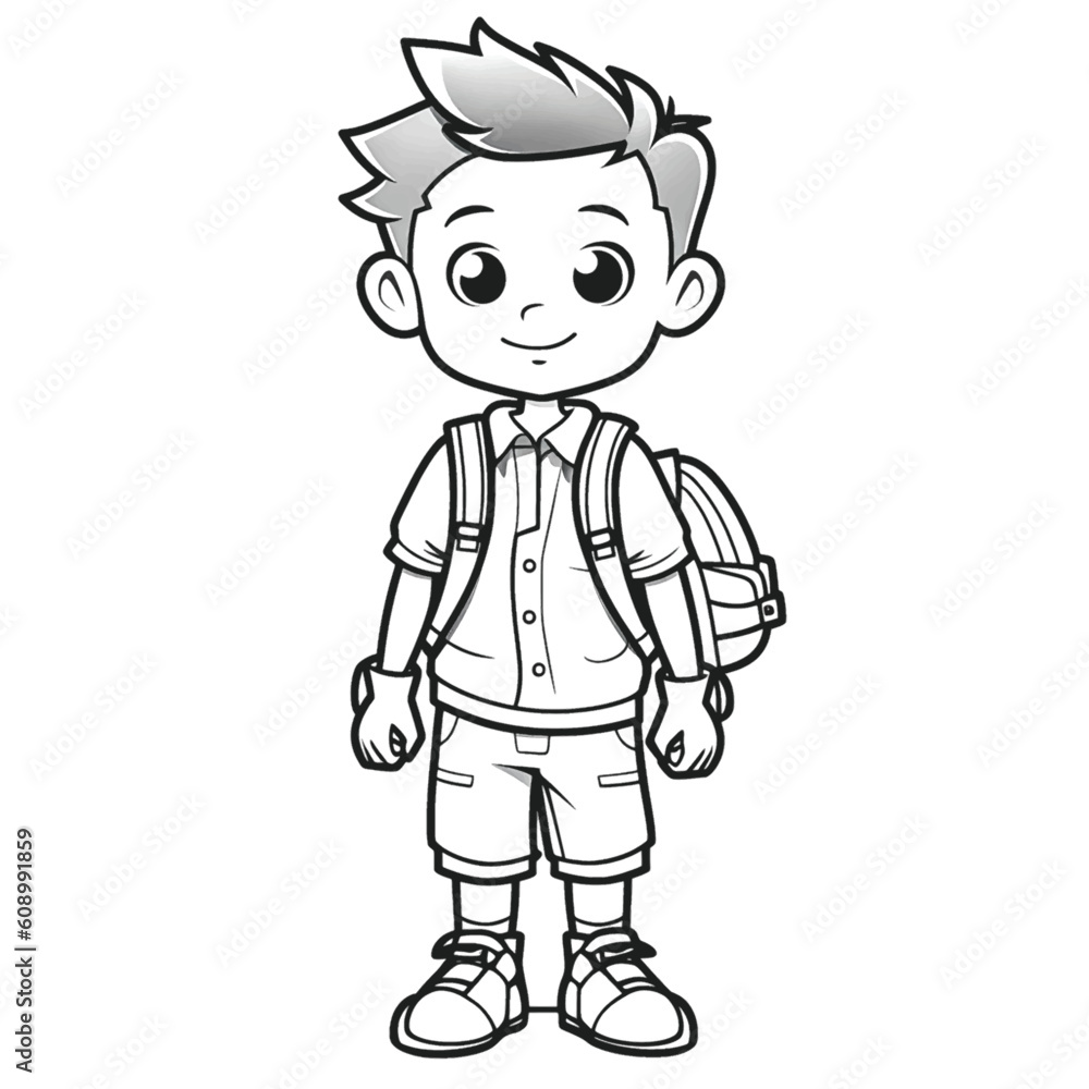 Cute and Crisp: Black and White Coloring Page of a School Boy for Kids Cute and Crisp: Black and White Coloring Page of a School Boy for Kids