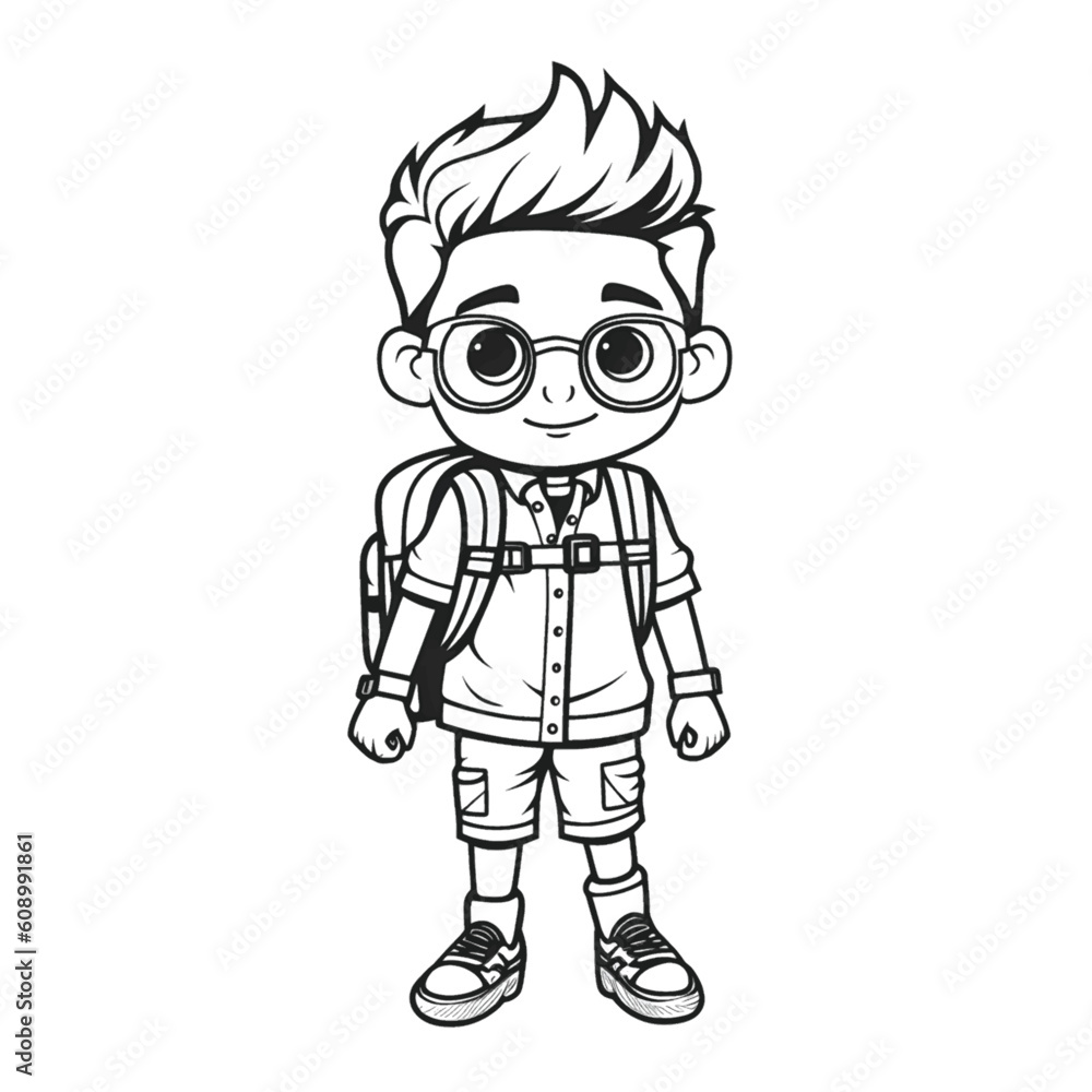 Cute and Crisp: Black and White Coloring Page of a School Boy for Kids Cute and Crisp: Black and White Coloring Page of a School Boy for Kids