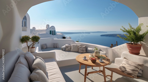 Luxury apartment terrace on Santorini with a stunning sea view is adorned with a modern living room featuring a beautiful sofa or couch Generative AI