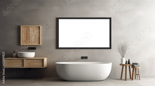 Minimalist bathroom interior with a blank horizontal poster frame mock-up  set against a backdrop of a contemporary bathroom interior. Generative AI