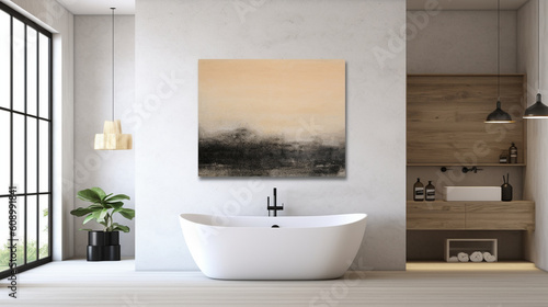 Empty horizontal poster frame showcased in a contemporary bathroom setting  featuring a minimalist design and a modern interior backdrop Generative AI