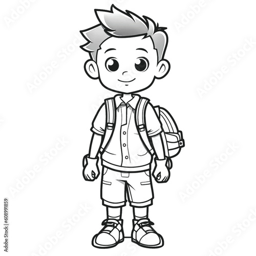 Cute and Crisp: Black and White Coloring Page of a School Boy for Kids © aprilian