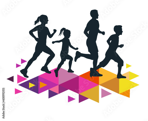 Family running graphic for use as a template for flyer or for use in web design.