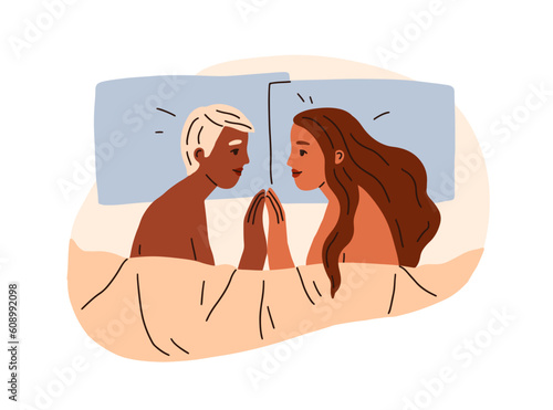 Lesbian women couple in bed. Sex, intimacy, sexual intimate relationship, libido concept. Naked girls lovers, LGBT partners, girlfriends. Flat graphic vector illustration isolated on white background