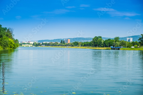 Shore of Jarun lake in Zagreb, Croatia, sunny summer day, tourist destination