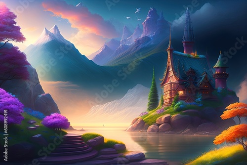 Beautiful Fantasy World Landscape Background Generative AI