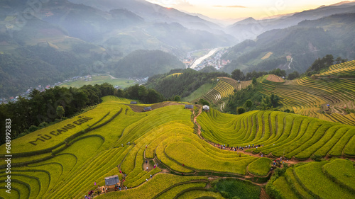 Obraz na plátně Aerial top view Rice fields on terraces  of mu cang chai,  rice fields prepare the harvest at northwest vietnam ,yenbai vietnam