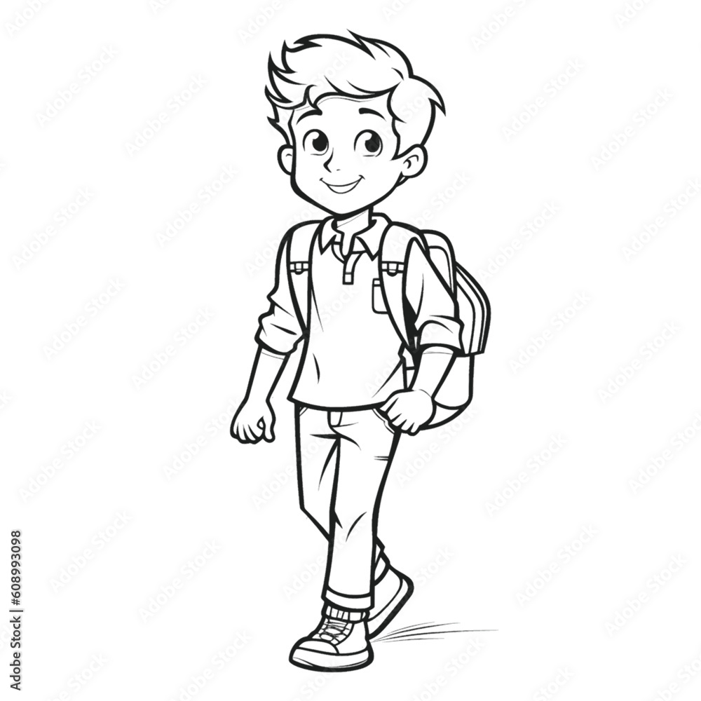Handsome Outline Coloring Page: Full Body Shot of a School Boy for Kids Handsome Outline Coloring Page: Full Body Shot of a School Boy for Kids
