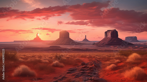 A red, mysterious and hot desert. Wild west vintage atmosphere. Created with Generative AI technology.