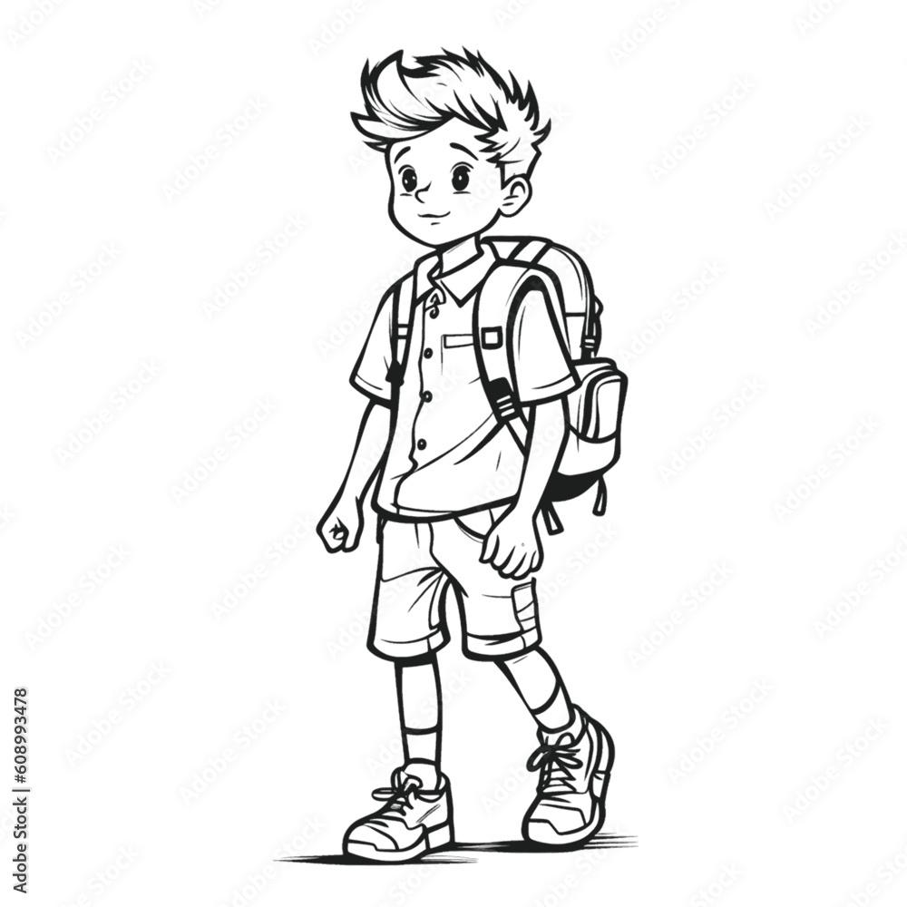 Handsome Outline Coloring Page: Full Body Shot of a School Boy for Kids Handsome Outline Coloring Page: Full Body Shot of a School Boy for Kids