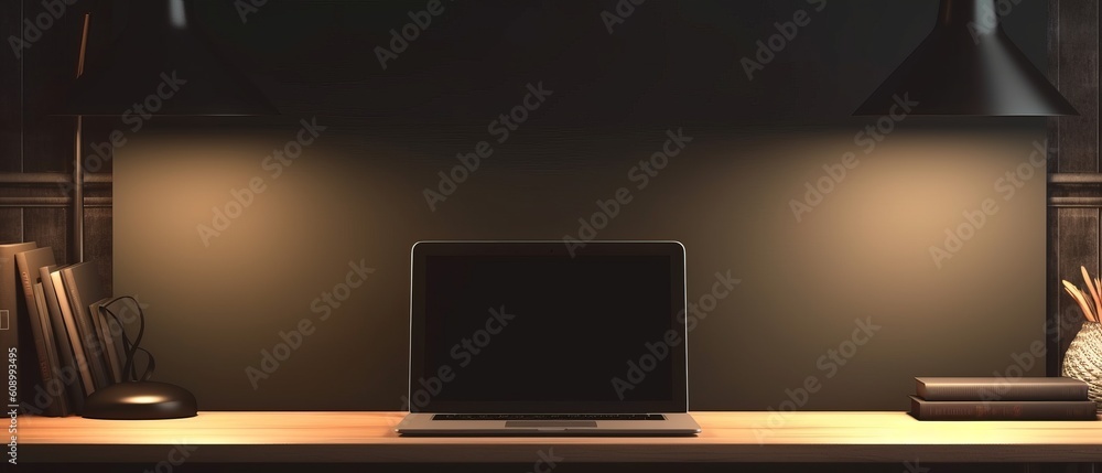 Mockup of office desk with laptop, blank black laptop screen. Demonstration of website designs, presentations or templates. Generative AI Mockup of office desk with laptop, blank black laptop screen. Demonstration of website designs, presentations or templates. Generative AI