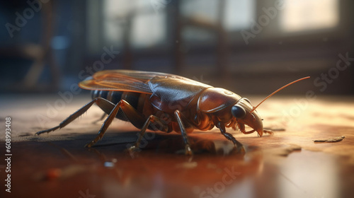 A cockroach on the floor in front of a window.generative ai