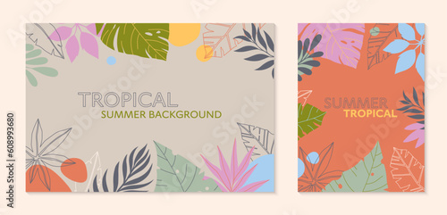 Summer vector illustrations in trendy flat style with copy space for text.Abstract backgrounds with tropical leaves plants.Tropical banners for social media posters prints.Cover design templates.