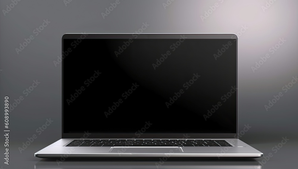 Laptop for business on gray background, black screen for mockup. Generative ai. Laptop for business on gray background, black screen for mockup. Generative ai.