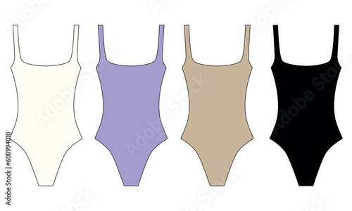 A collection of vector drawings of one-piece women's swimsuits of simple cut. Template of fashionable swimwear in white, purple, beige, black. Set of vector sketches of beautiful summer swimsuits for 